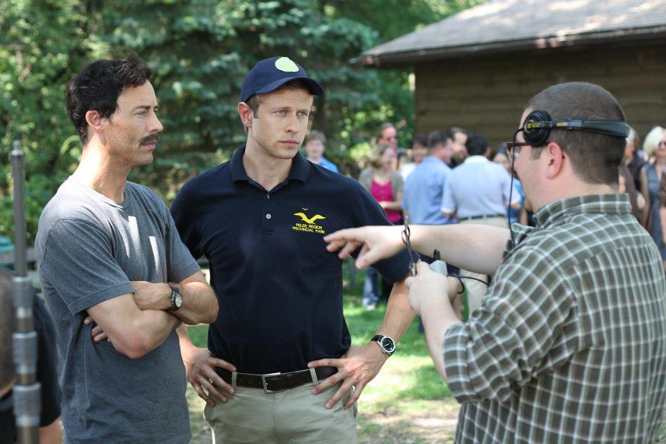Tom Cavanagh, Jamie Spilchuk and Ted Bezaire on set of 'The Birder'