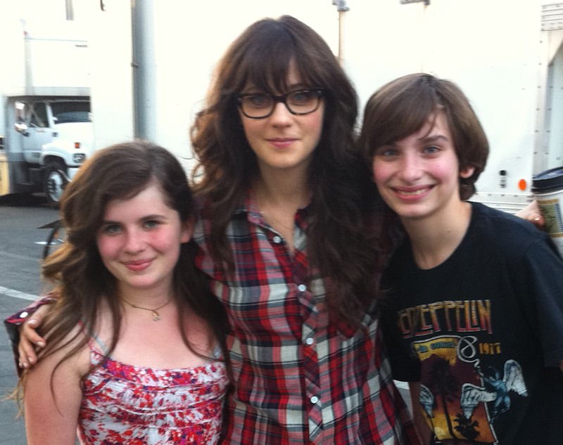 Lauren Owens, Zooey Deschanel and Andy Scott Harris on the set of 