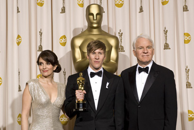 Academy Award®-winner Dustin Lance Black (center) with presenters (left to right) Tina Faye and Steve Martin backstage at the 81st Academy Awards® are presented live on the ABC Television network from The Kodak Theatre in Hollywood, CA, Sunday, February 22, 2009.