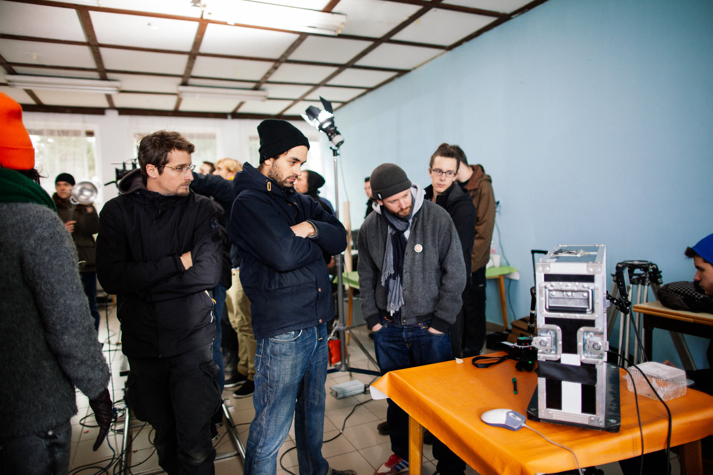 Péter Böszörményi (first assistant camera), Bálint Szimler (director) and Marcell Rév (cinematographer) on the set of Balaton Method.