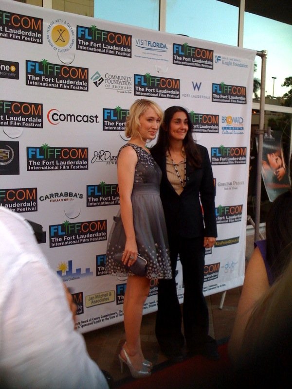 Actress Danna Maret, left, star of Rough Winds and director Andrea Olabarria on the red carpet at The Fort Lauderdale International Film Festival held at the Miniaci Performing Arts Center at Nova Southeastern University.