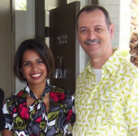With Tina Patel of Q13 Fox News, Seattle, Washington wearing Trina Turk fashions at Palm Springs Fashion Night.