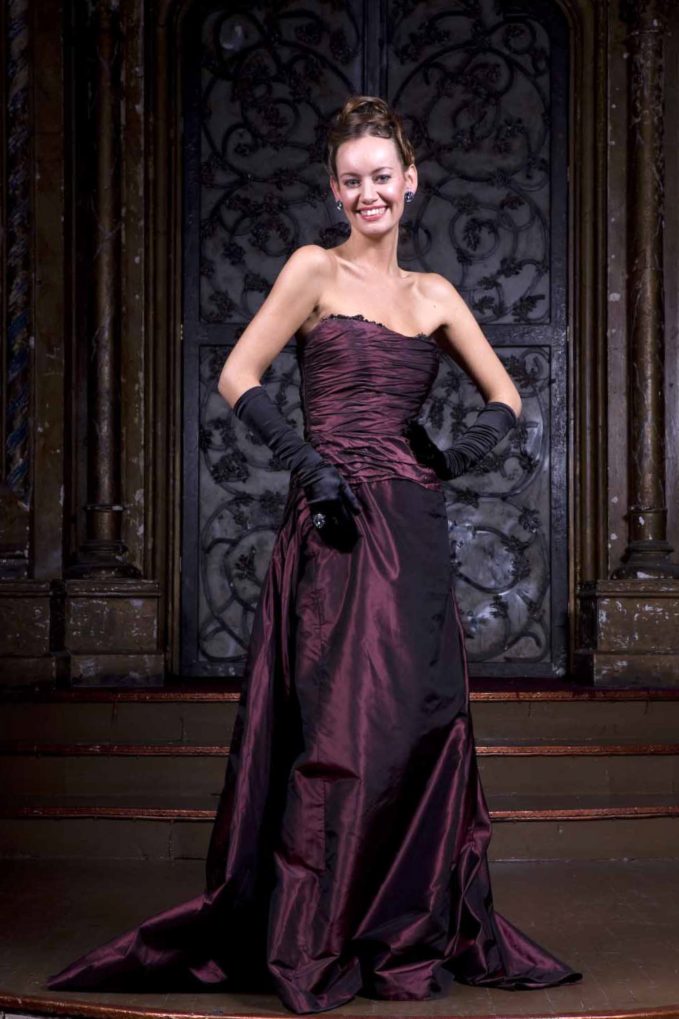 Joanna Pickering in Burgundie Haute Couture Dress