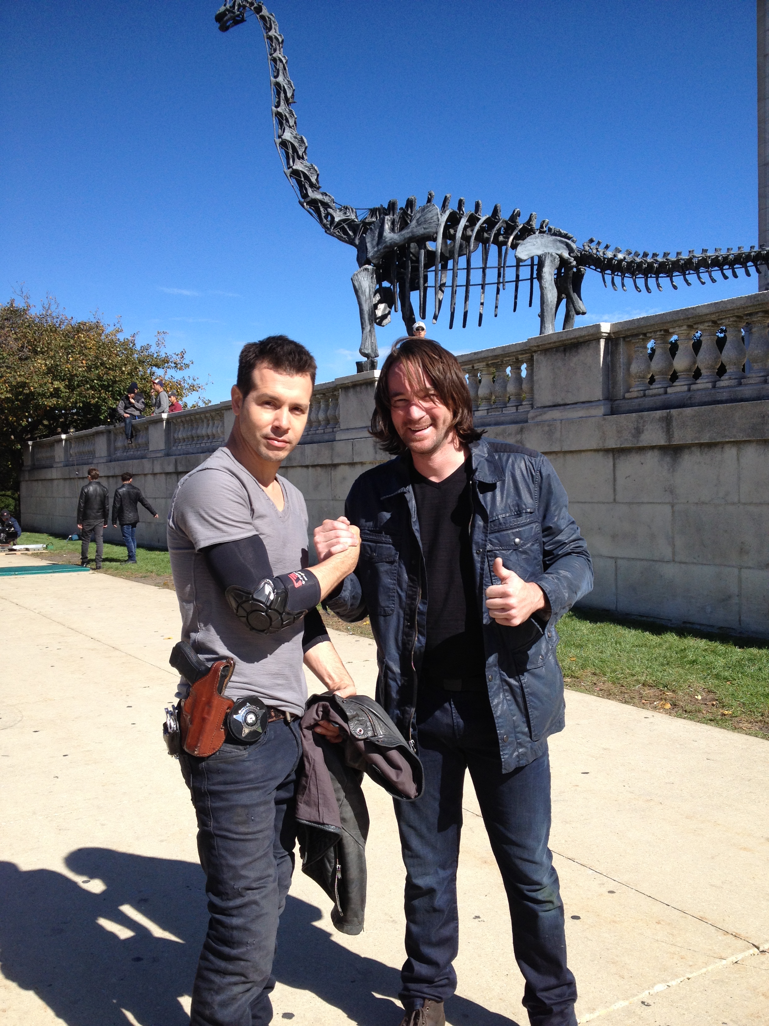 Ryan Carr and actor Jon Seda on location at the Field Museum with Chicago P.D.