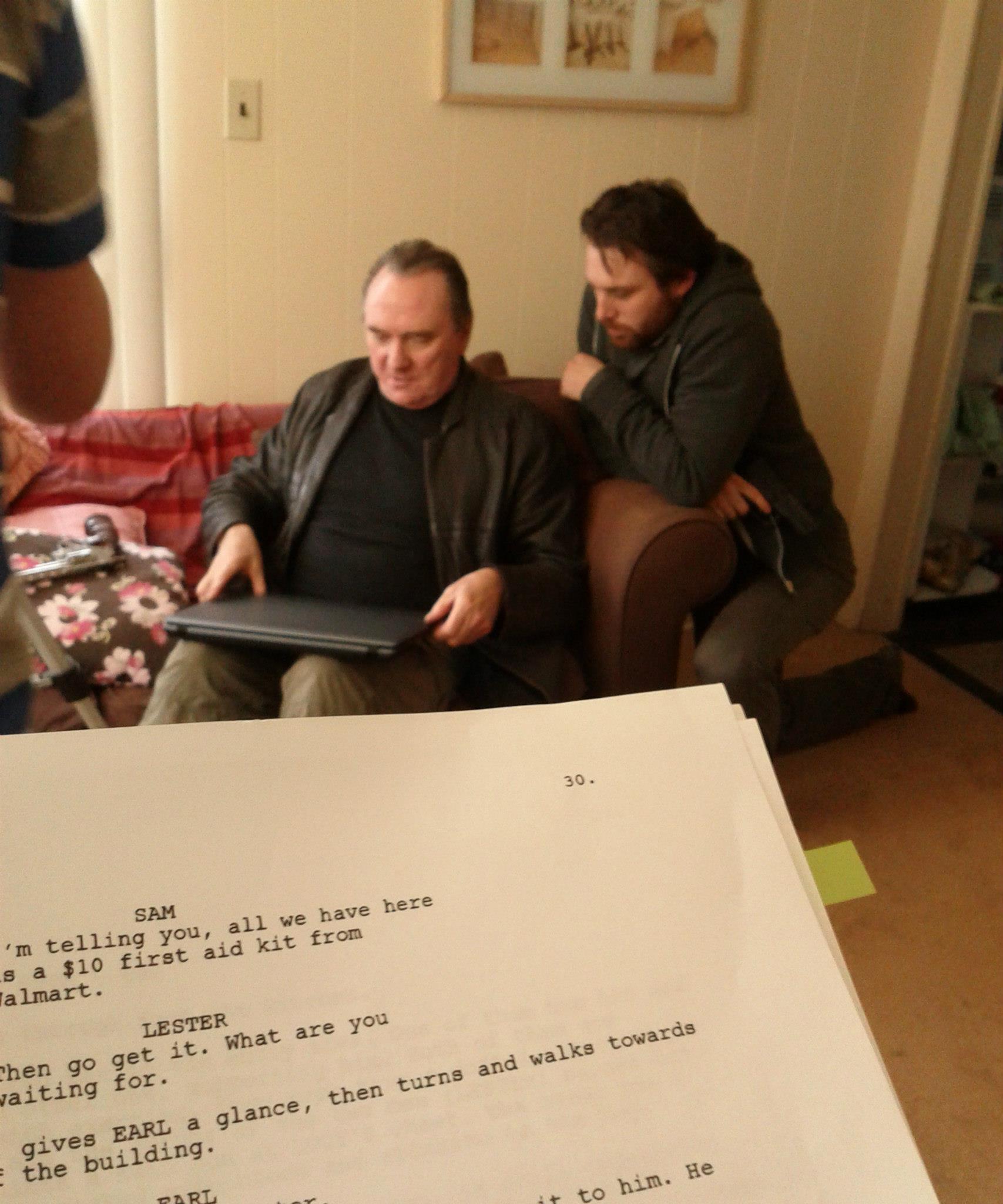 Al Dales (Earl) and Conor Gomez (Lester)rehearse in this Behind the scenes photo of the award winning 2014 feature thriller 'Babyshower'.