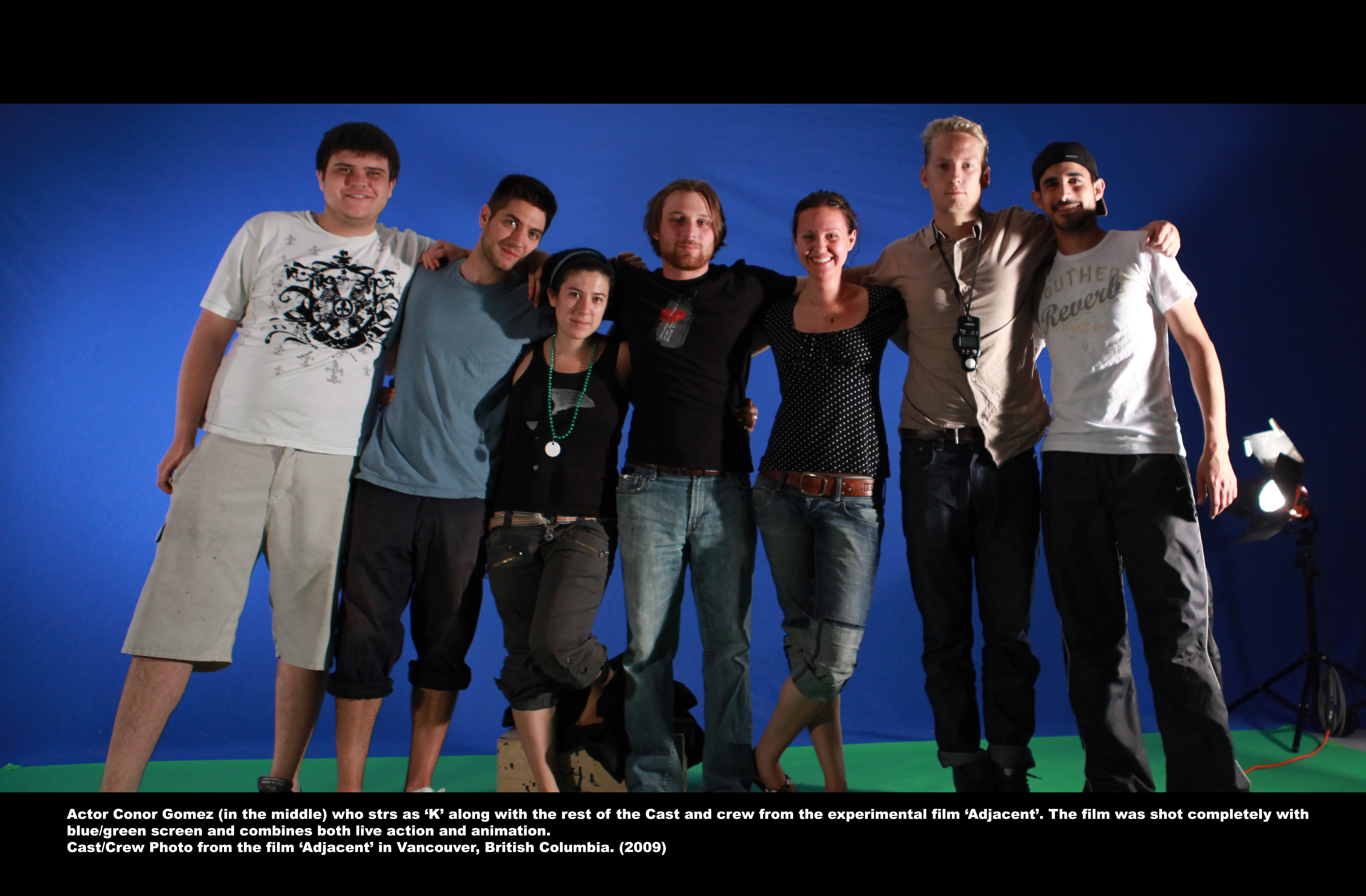 Conor Gomez (middle) with the crew of the 2009 experiential film 'Adjacent'. The entire film was shot on blue/green screen.