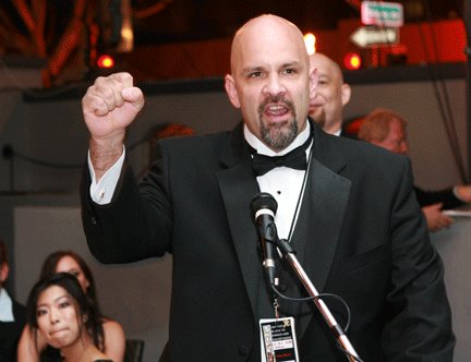 Steven Karageanes reacts to winning an award for his short film, American Piety, at the Action on Film International Film Festival in 2008.