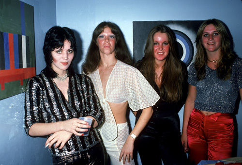 The Runaways (Joan Jett, Jackie Fox, Lita Ford, Sandy West) photographed backstage at CBGB in New York City on August 2, 1976