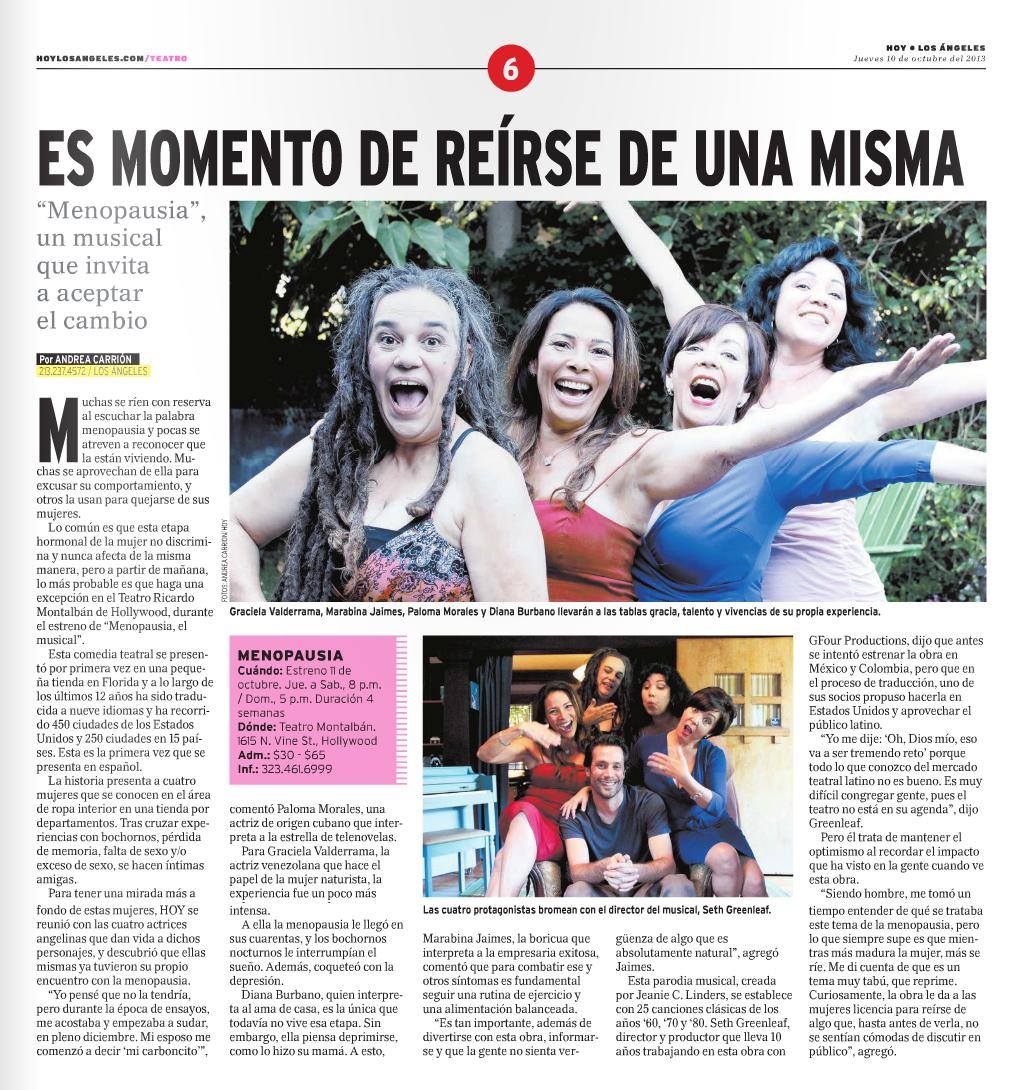 Hoy Newspaper. Announcing Menopausia El Musical. 2013