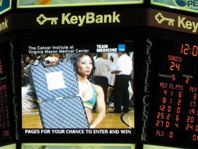 Donnabella Mortel on the Key Arena Stadium screen with the NBA Seattle SuperSonics Dance Team