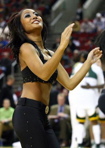 Donnabella Mortel dancing at a Seattle SuperSonics NBA basketball game