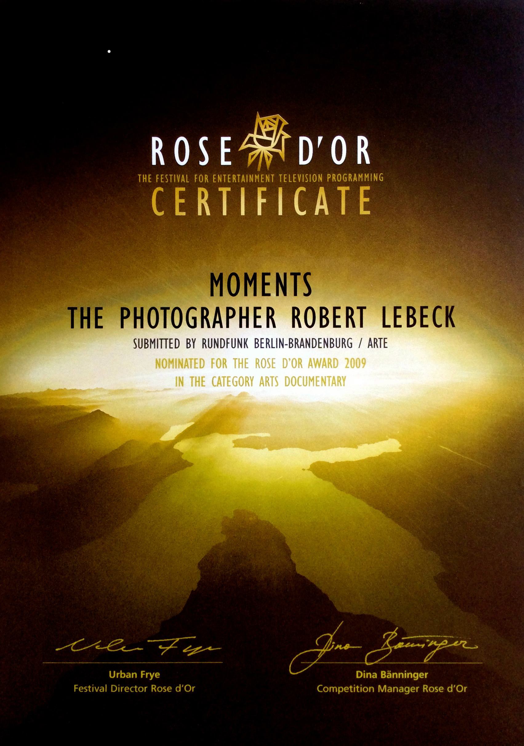 ROSE D'OR Certificate for the ARTE Documentary 