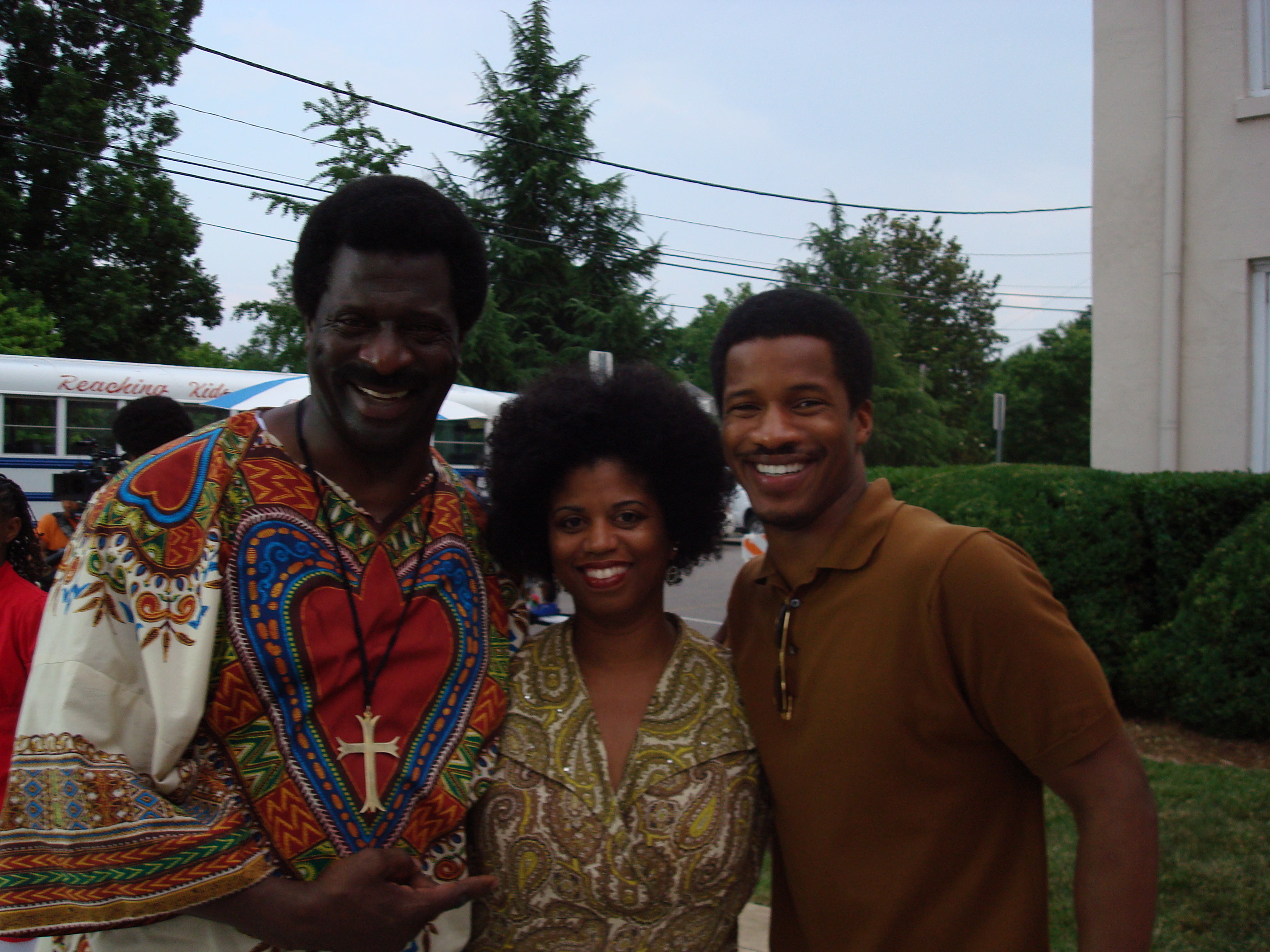 Afemo Omilami, Marlo Scheitler, and Nate Parker on movie set of Blood Done Sign My Name