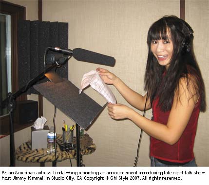 Linda Wang recording an announcement introducing Late night Talk show Host Jimmy Kimmel for GM Style Award Fashion show.