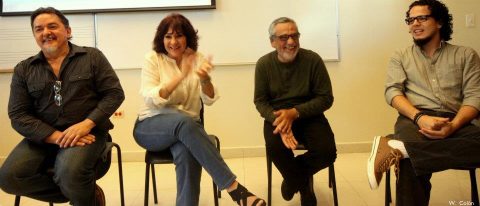 From left to right: Vicente Juarbe (director), Idalia Pérez-Garay (actress and producer), Carlos Lazarte (sound engineer) and E. Bayoán Ríos-Escribano, from the movie 