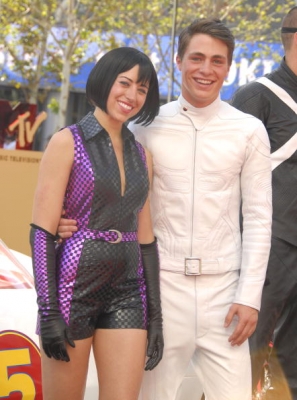 Sarah Hummert and Colton Haynes are seen at the Speed Racer premiere in Los Angeles.