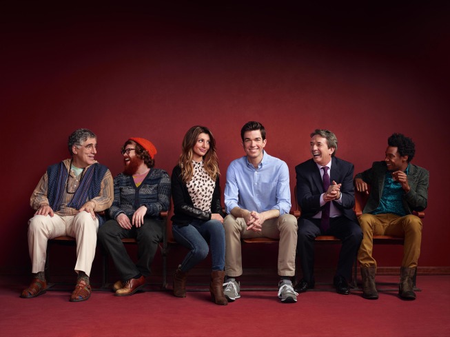 Still of Elliott Gould, Martin Short, John Mulaney, Nasim Pedrad, Seaton Smith and Zack Pearlman in Mulaney (2014)