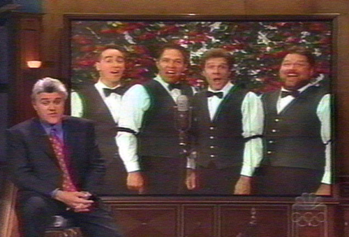 The Nickelodeon (Phil Gold, Mike Barger, Bill New, and Jim Raycroft) sings on The Tonight Show during Jay Leno's routine 