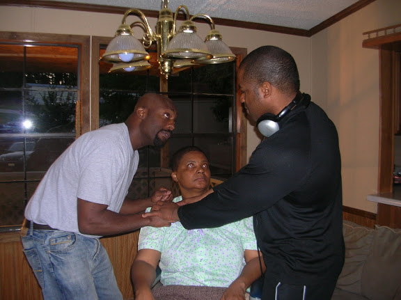 Director Willie Speight with actor Ro Brooks, and actor Margaret Floyd, on the set of The Holloway Story.
