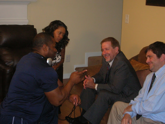 Director Willie Speight with actor Kent Igleheart, actor Kimberly Lovette, and actor Bob Lanoue on the set of The Holloway Story.