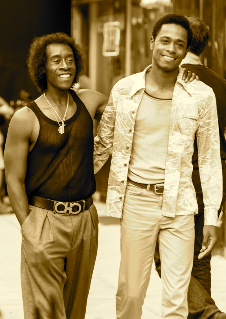 Don Cheadle, Keith Stanfield on set of Miles Ahead