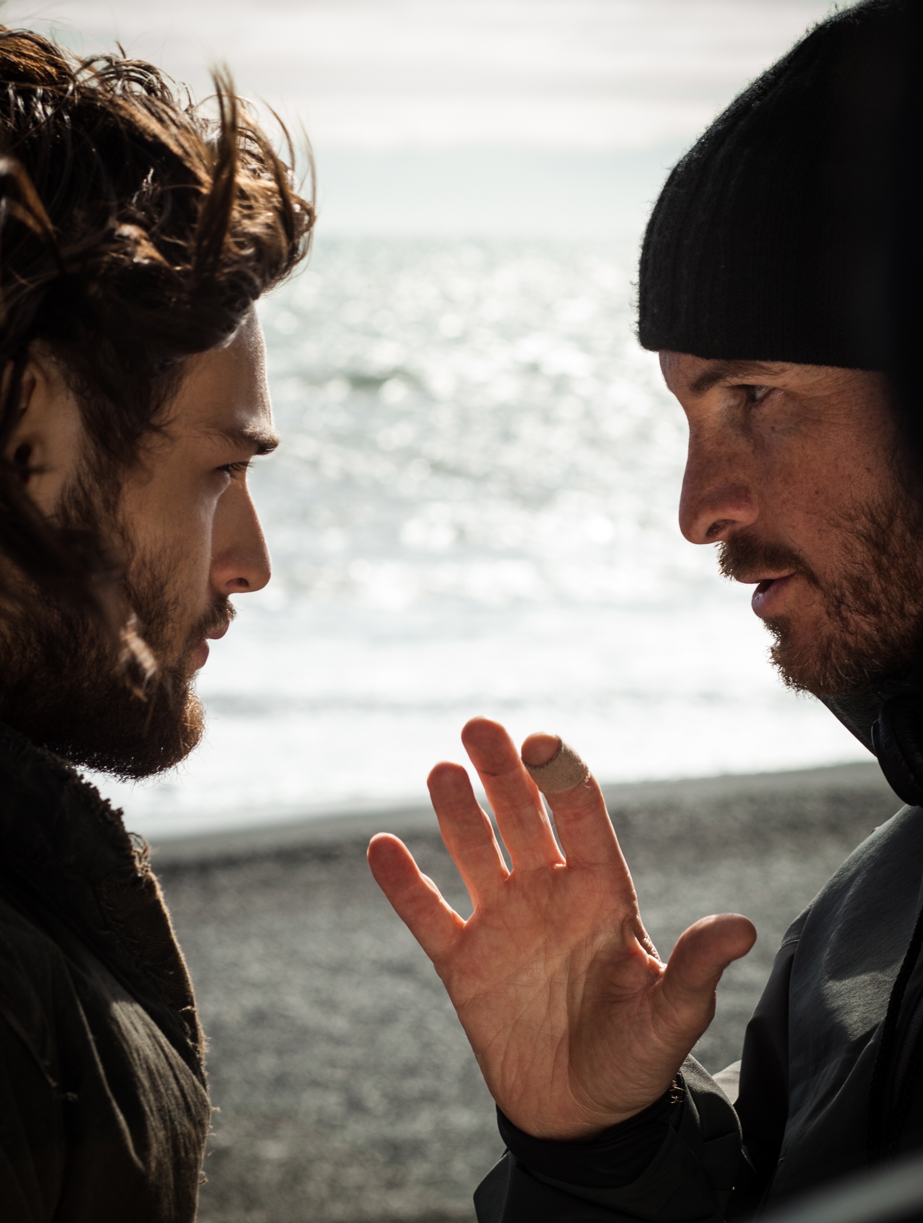 Douglas Booth with director Darren Aronofsky during filming of Noah