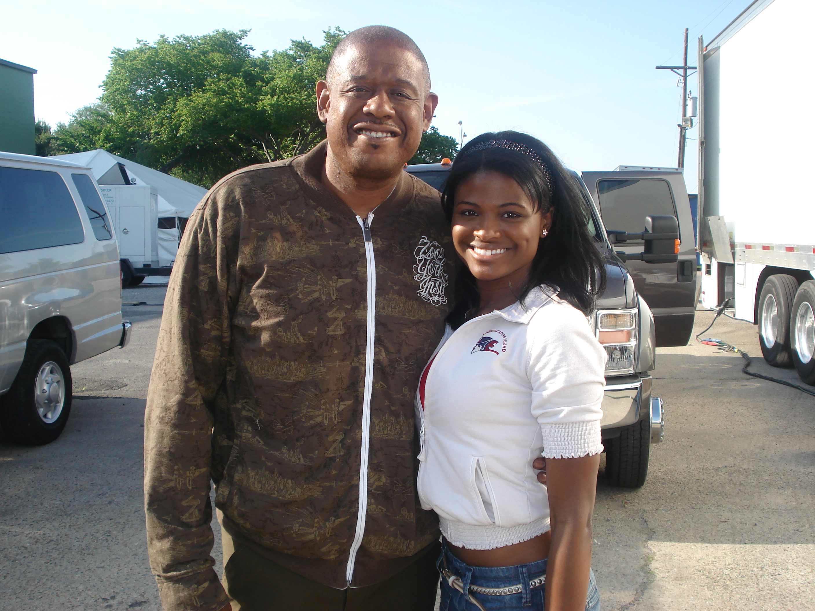 Lindsey G Smith with Forest Whitaker on the set of Hurricane Season