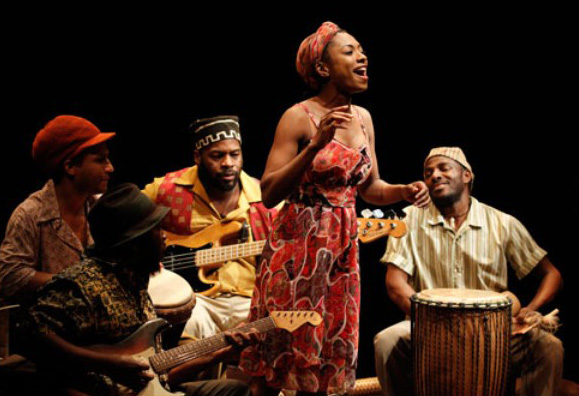 (L-R) Mongezi Chris Ntaka, David Foreman, Waldo, Rachael Holmes and Daniel Ssuuna in Arena Stage's production of 