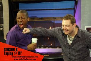 Will Edwards getting a talking to from Executive Producer Mark R. Johnson on the set of The Will Edwards Show