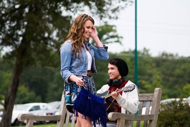 Production Still of Elizabeth Jackson as the Queen Bee, Kate Lackland, flirting with Brennon Tolbert as the main character, Will Ryburn. Feature film 