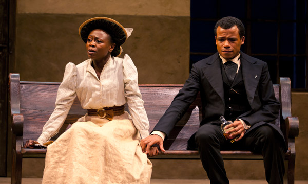 Prudence (Zainab Jah) receives comfort from Chilford (LeRoy McClain) in the world premiere production of The Convert by Danai Gurira, directed by Emily Mann