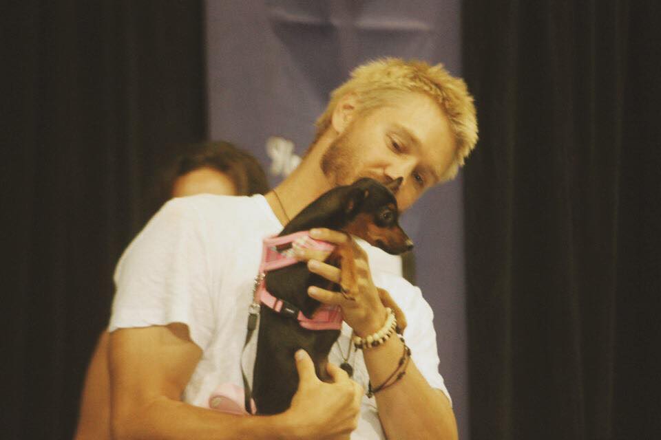 Joshua brought out his newly adopted baby Bella to spread the word about Chad Michael Murray's Charity for animal rights #RMDBB