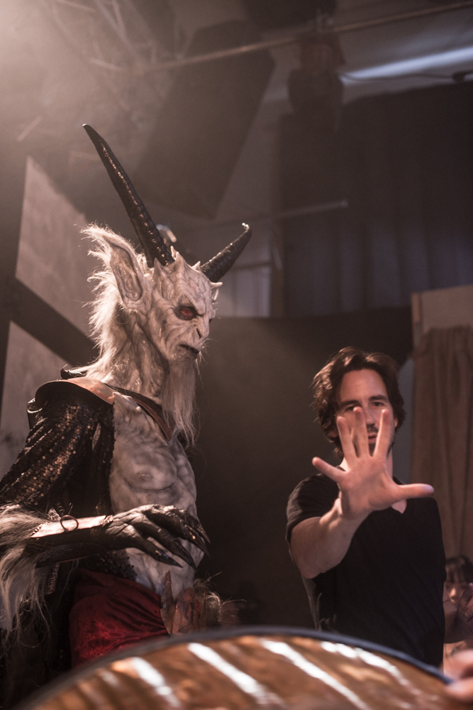 Jonathan Martin gives some direction to Doug Jones (Dagon) on the set of 