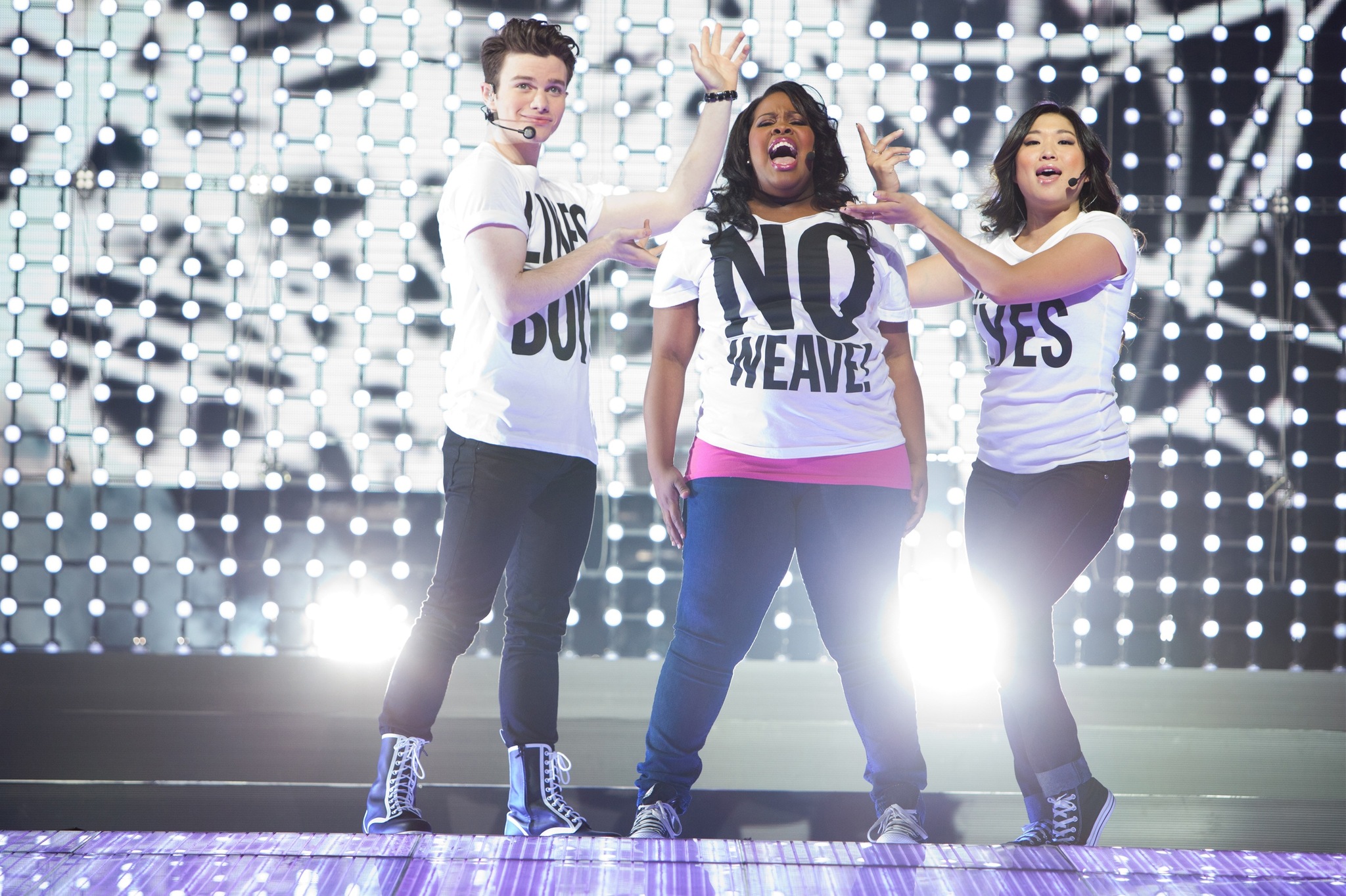 Still of Chris Colfer, Jenna Ushkowitz and Amber Riley in Glee: The 3D Concert Movie (2011)