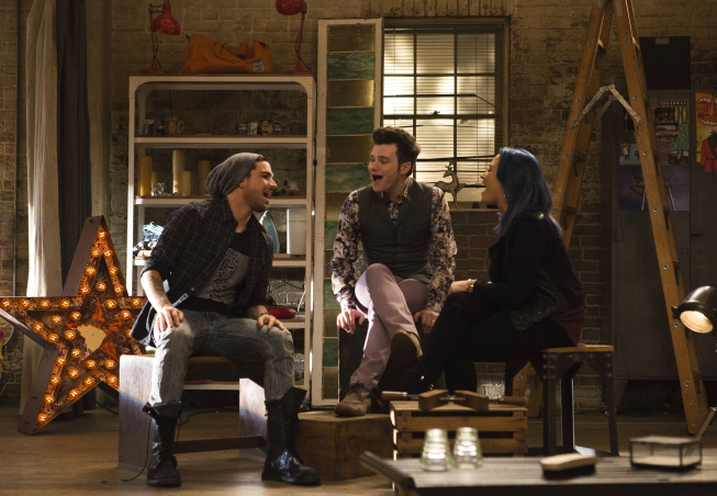 Still of Demi Lovato, Adam Lambert and Chris Colfer in Glee (2009)