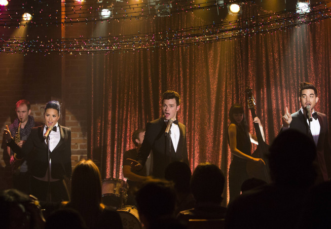 Still of Demi Lovato, Adam Lambert and Chris Colfer in Glee (2009)