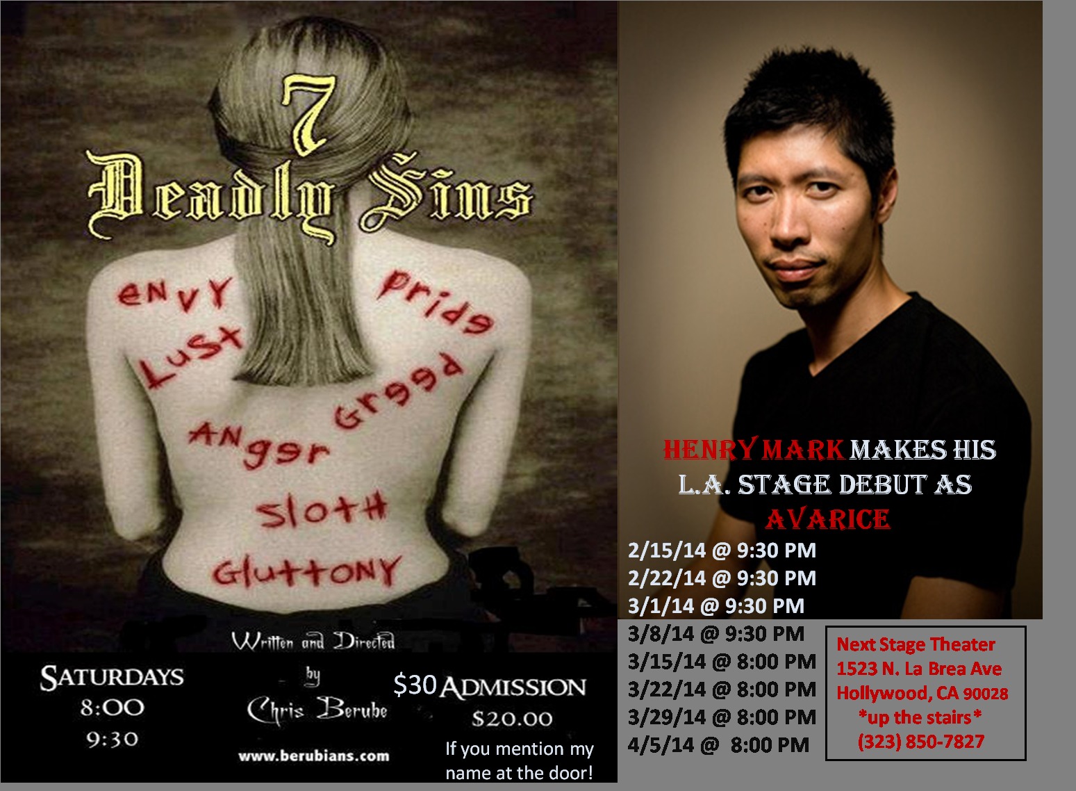 Postcard for 7 DEADLY SINS, a stage play I am performing in at Next Stage Theater. Come by and check it out!