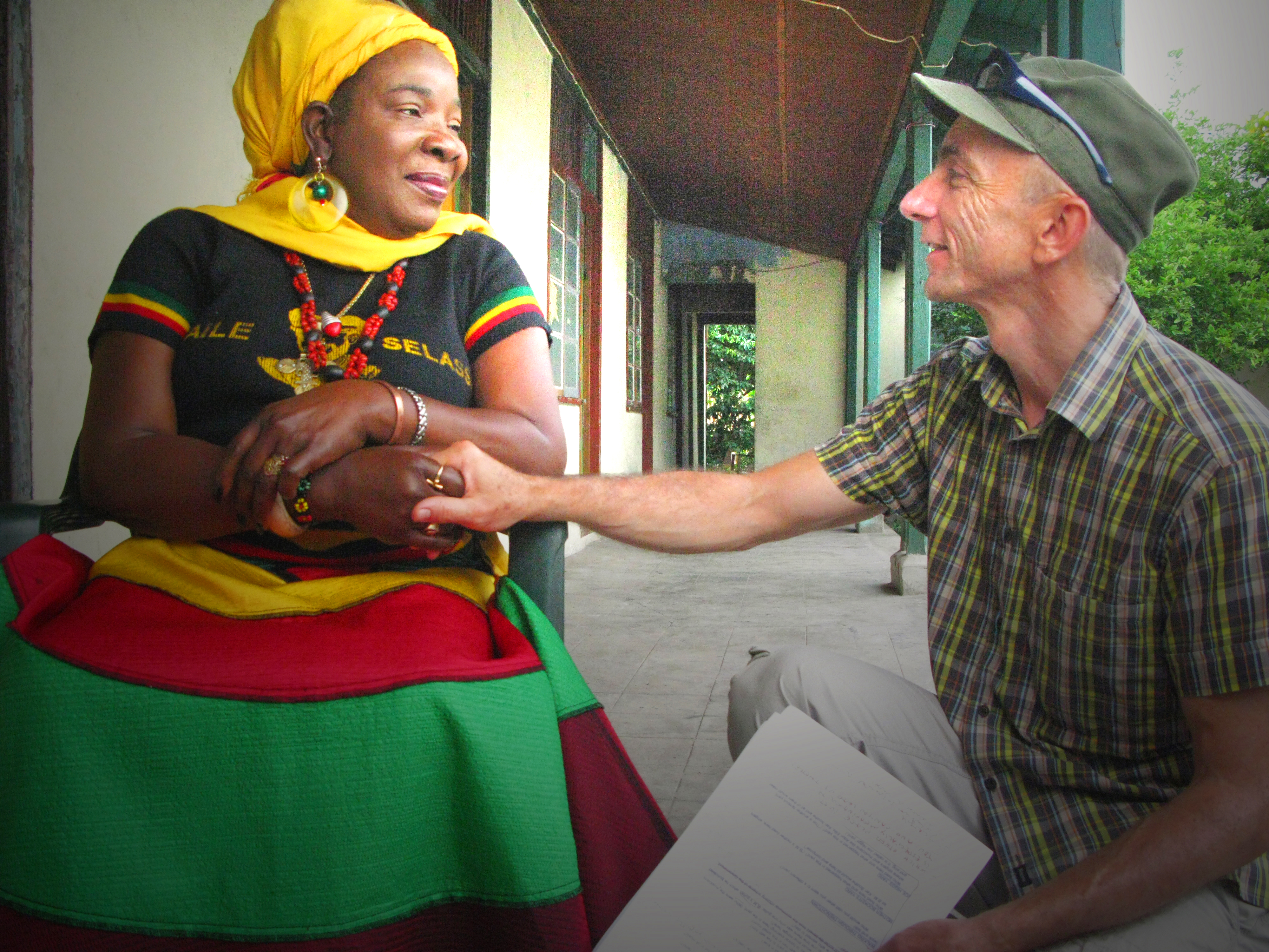 Rita Marley and director Stascha Bader in Trenchtown, shooting 