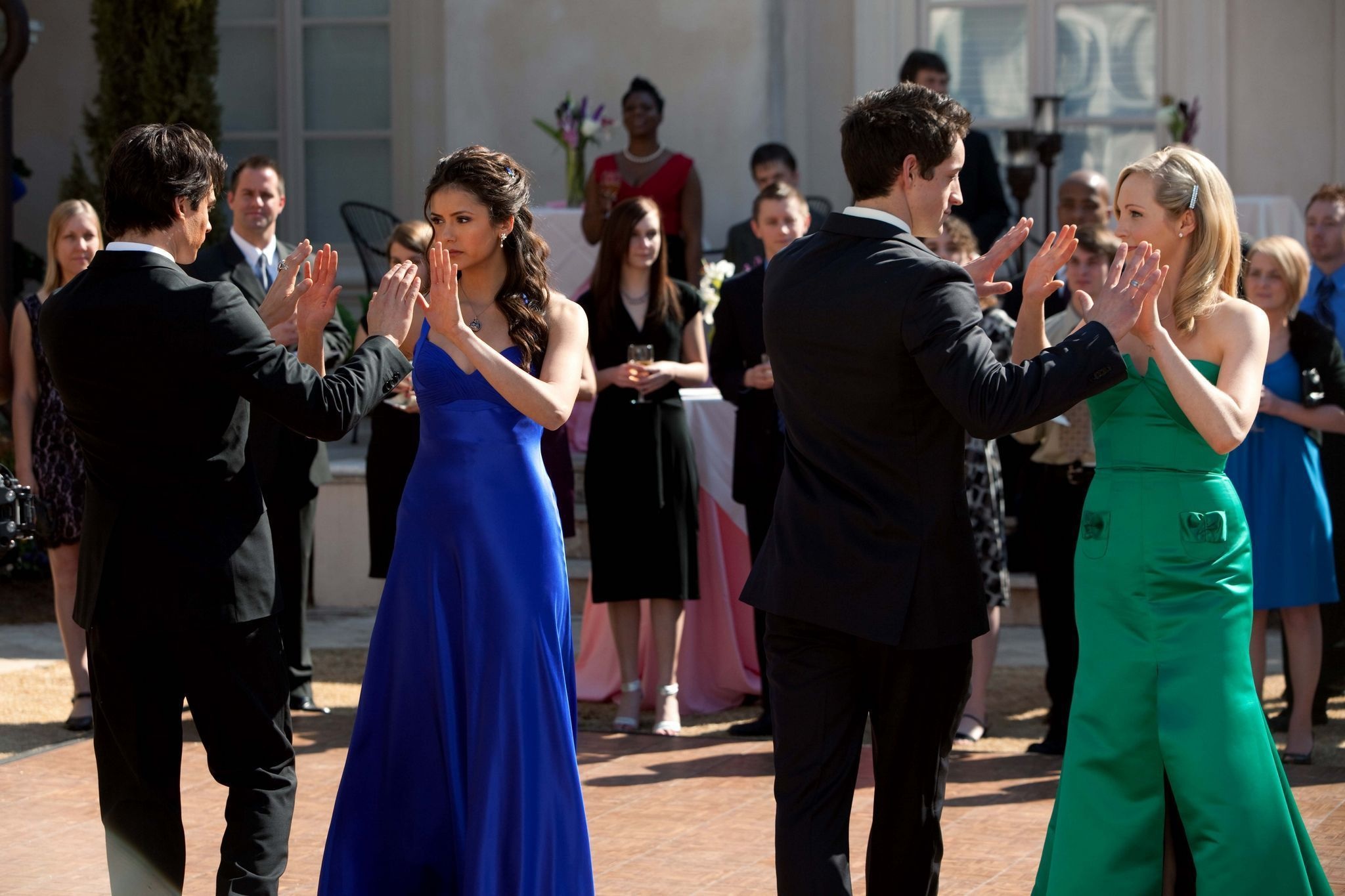 Behind the Scenes shot from, The Vampire Diaries. Justin Price, Candice Accola, Ian Somerhalder, Nina Dobrev