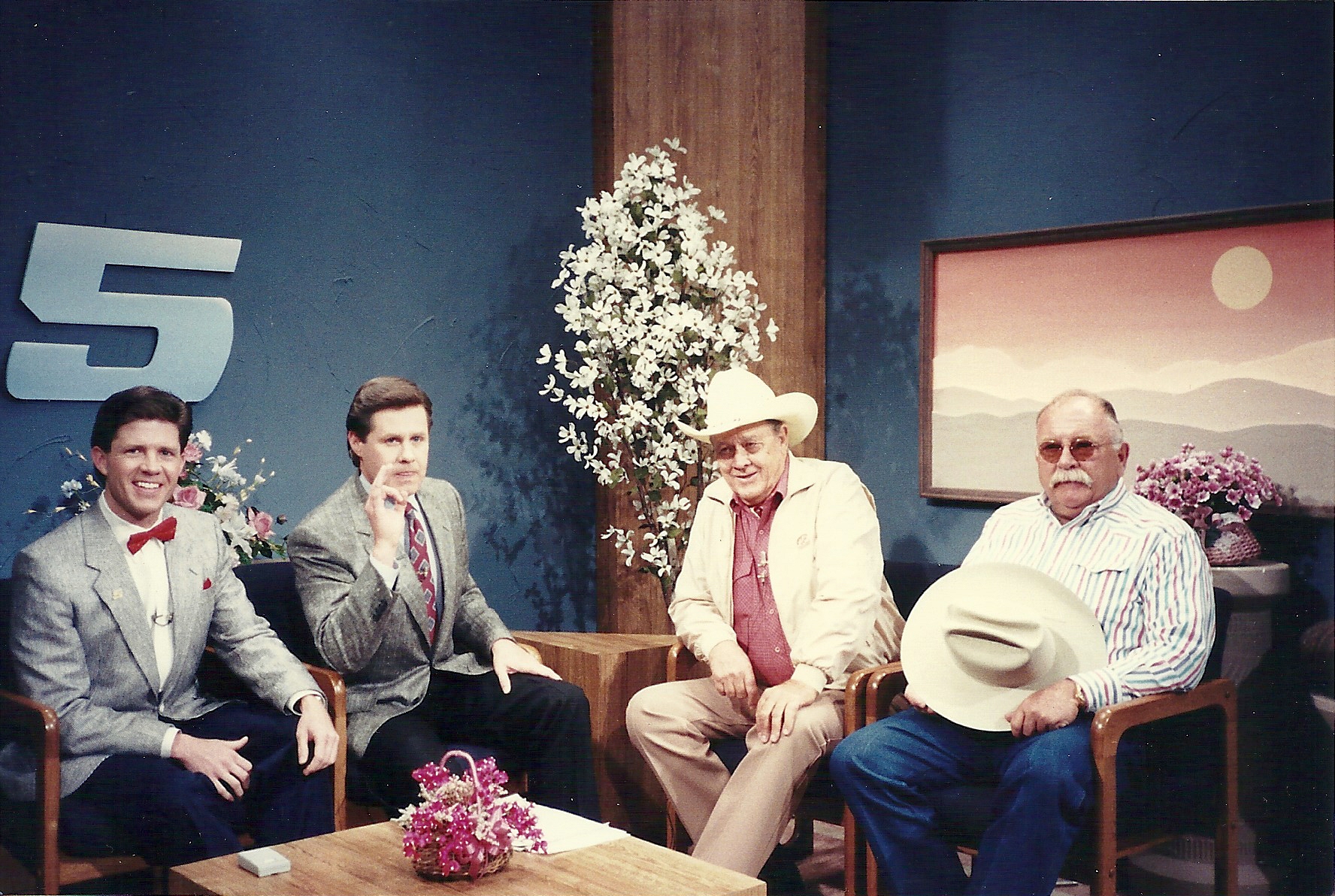 Academy Award winner Ben Johnson, Wilford Brimley, Ben McCain and Butch McCain on the set of Good Morning Oklahoma.