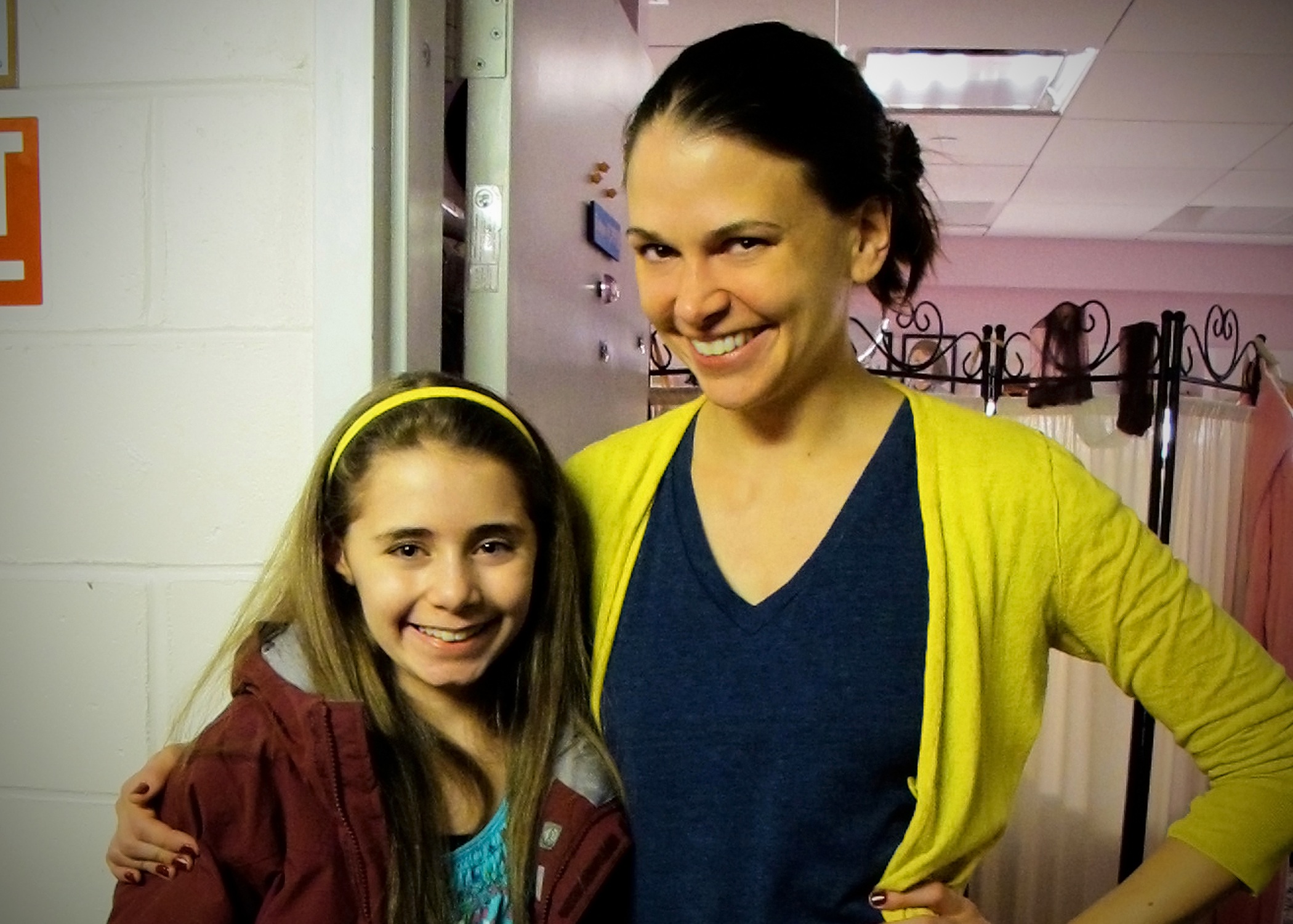 Rachel Resheff visiting Sutton Foster backstage at 