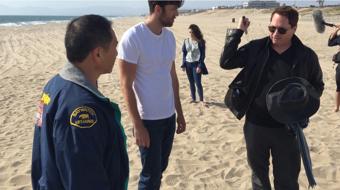 Producer James Lew, Christian Madsen, Daniela Bobadilla and director Robert Sparks on the set of ODIOUS.