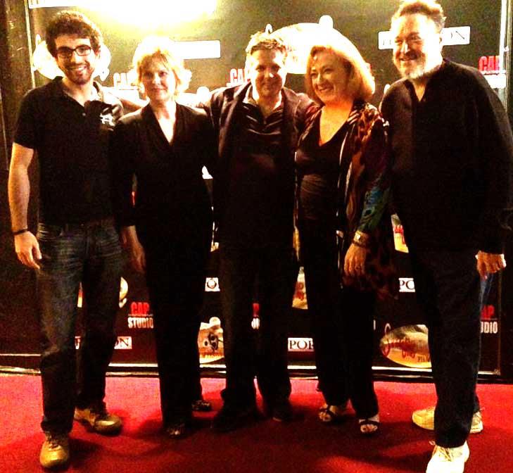 Some of our cast & crew on the red carpet last night in LA at the 2013 Studio City Film Festival! Texas film represents in LA!!!! Left to right: Marco Bottiglieri (DP); Angie Thompson (Music Composer & Supervisor); Steve Summers (Actor); Sharon Garrison (lead actor); and Dennis Burkley (Director).  in Studio City, CA.