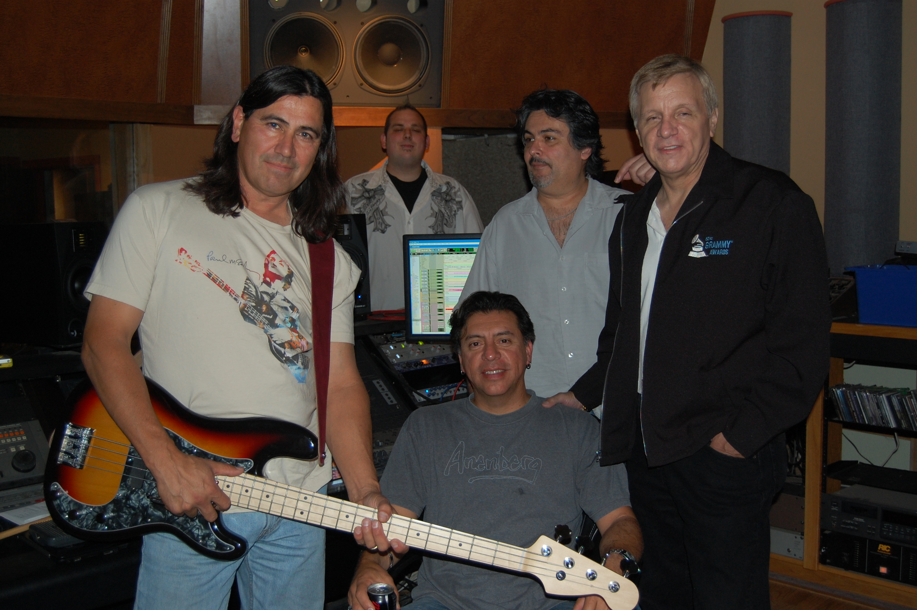Kim Richards in studio (producing) Luis Cardenas (seated), along with studio musician Tommy Rojo (standing) and Allied Artists' Chief Engineer David Franklin (rear) and Exec Asst to the CEO, Danny Ramos (behind Cardenas)