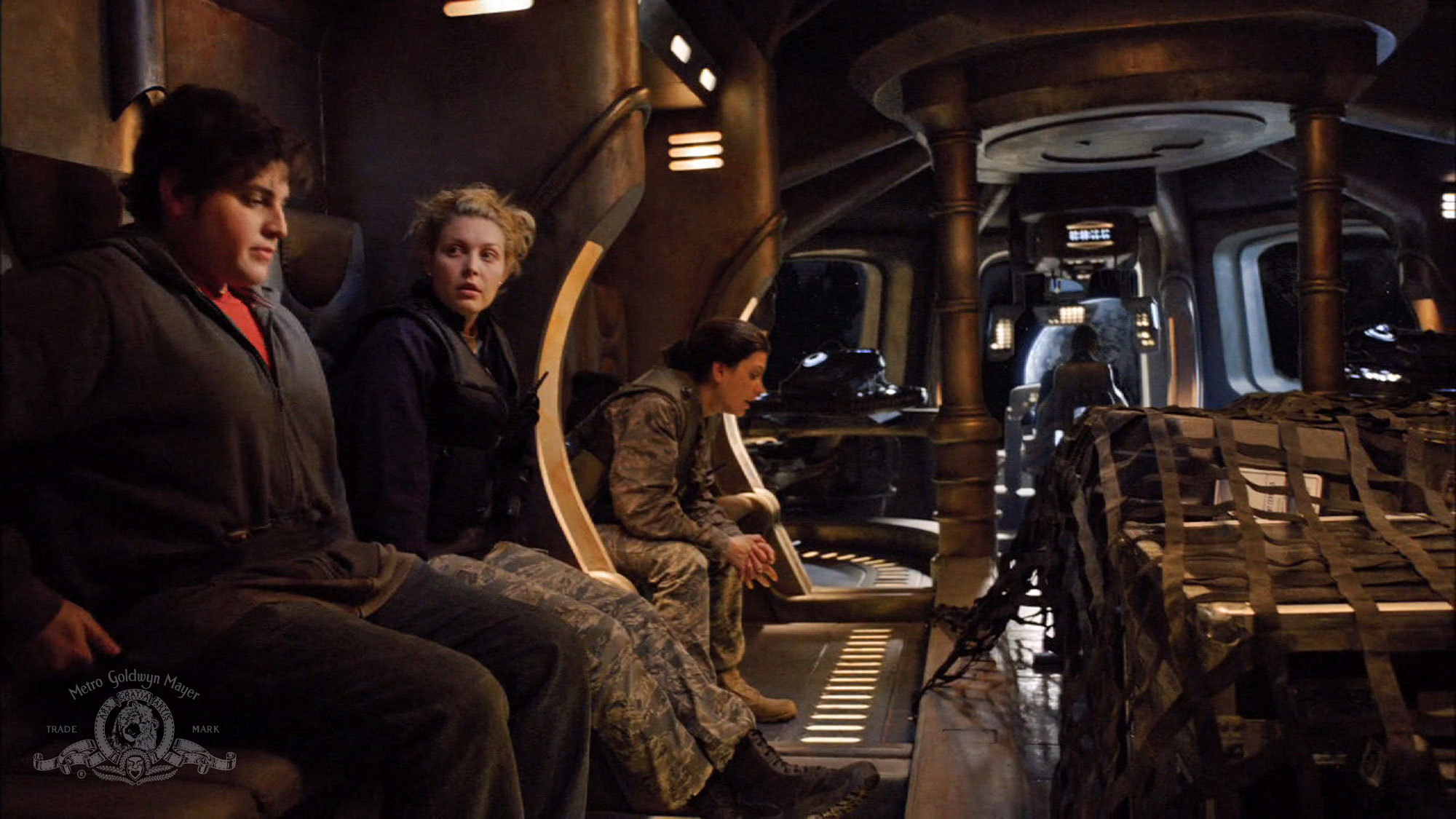 Still of Alaina Huffman, Julia Benson and David Blue in SGU Stargate Universe (2009)