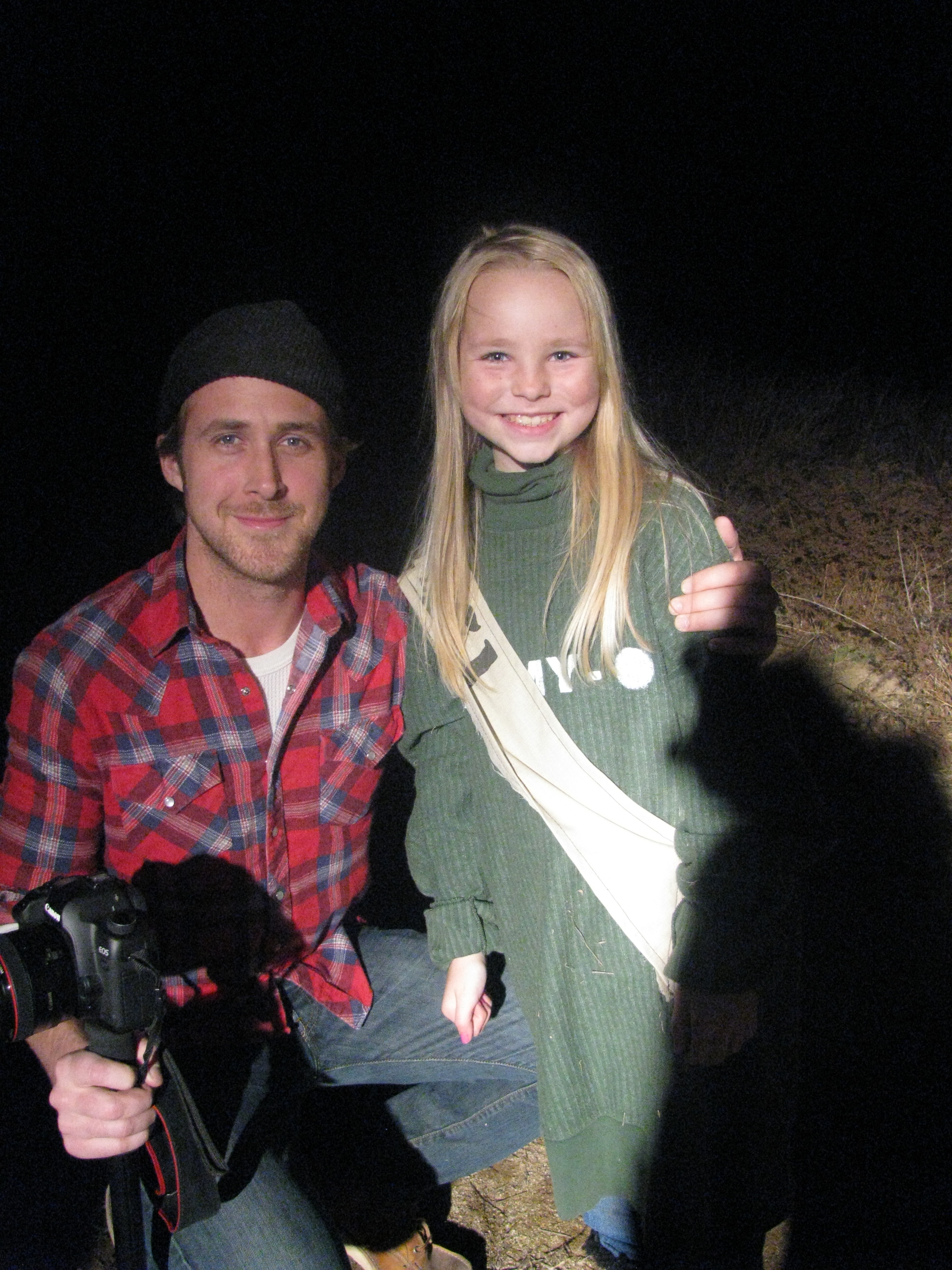 Amber on set with Ryan Gosling.