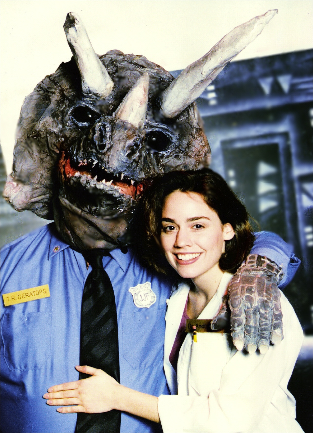 Officer TR Ceratops (Dick Herman) and Dr. Andrea Frazier (Theresa McKenna) from the 1995 stage production of Triceracops.