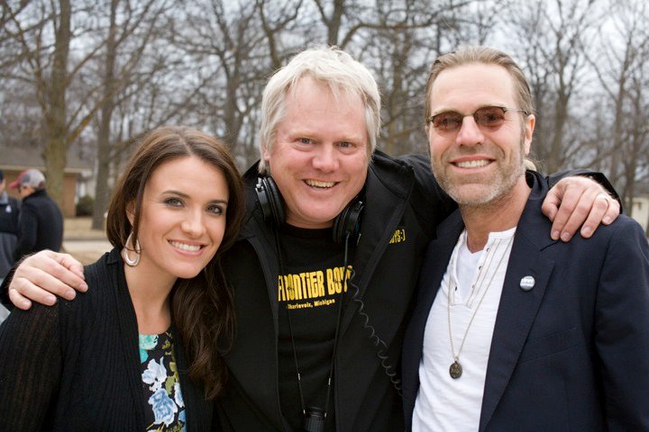 Musician/actor Rebecca St. James, Director John Grooters, & Musician/actor Big Kenny on the set of The Frontier Boys