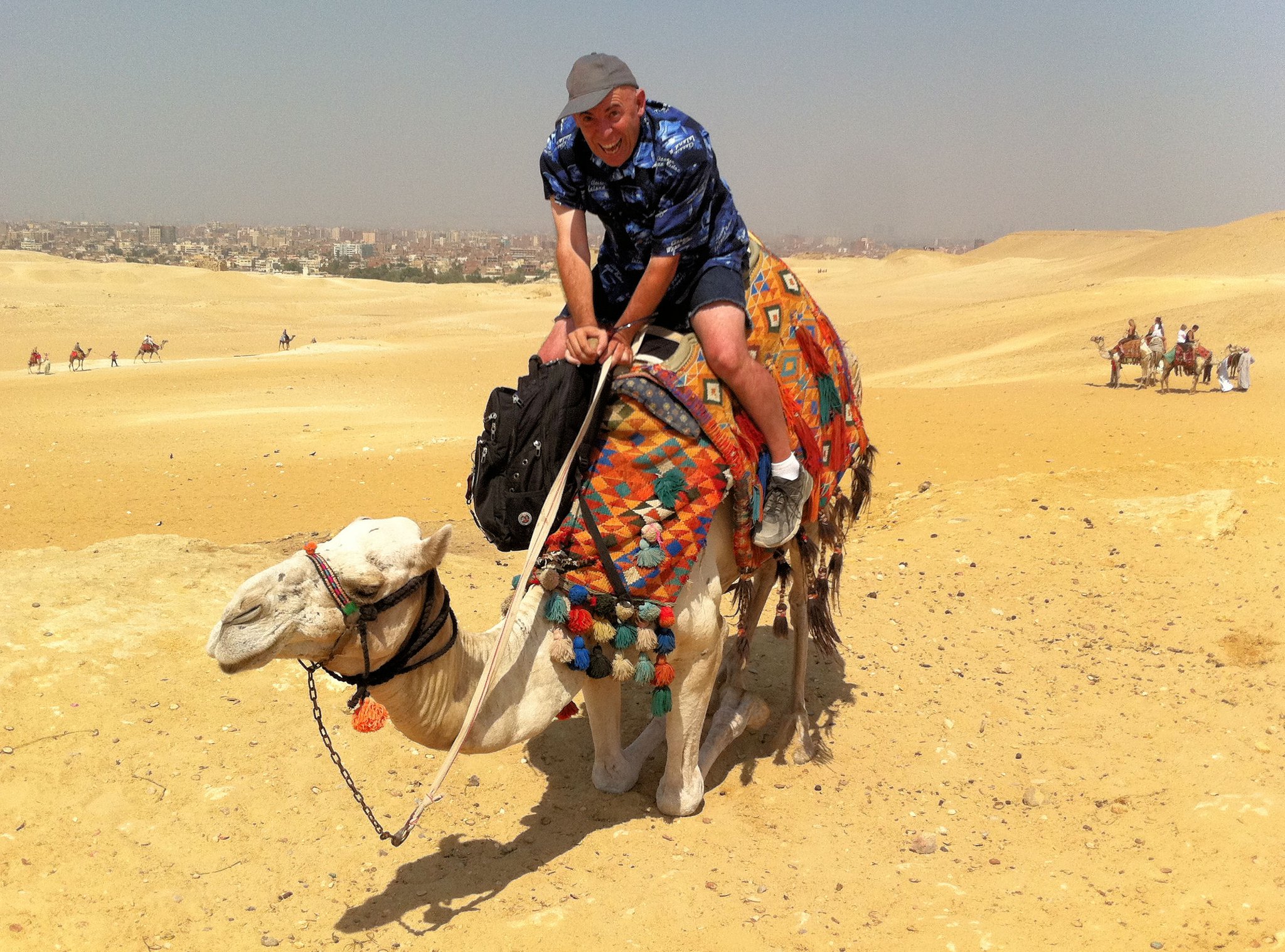 Dismounting at the Giza Pyramids. Getting off is the hardest part!