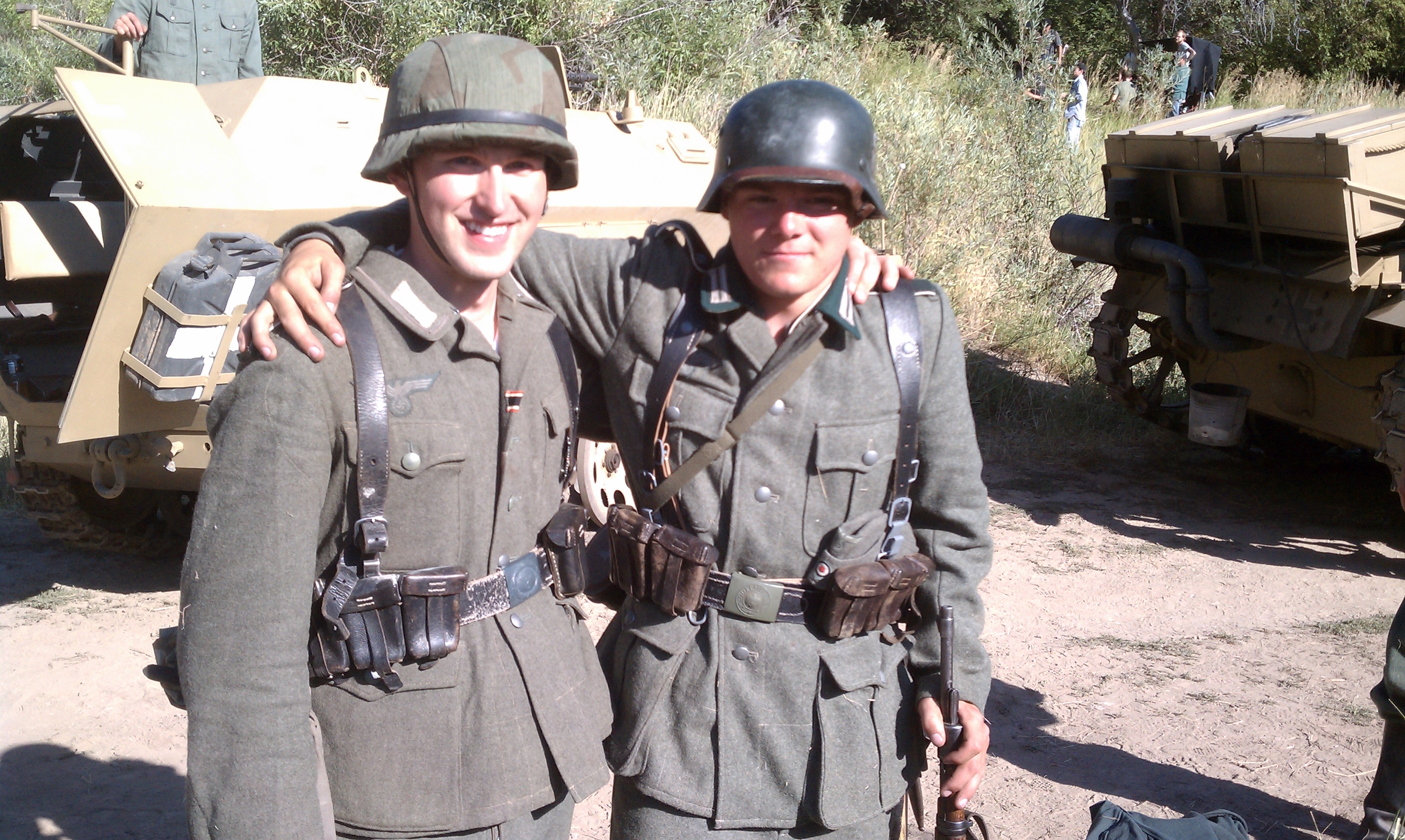 Brenden with one of the WWII re-enactors on the set of Foxhole.